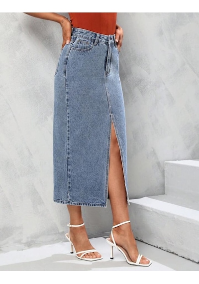 Pass&pass 2100-etek Kadın Likralı Önden Yırtmaçlı Jeans Kot Denim Uzun Etek Kar Açık Mavi Pass&pass 2100-etek Kadın Likralı Önden Yırtmaçlı Jeans Kot Denim Uzun Etek Kar Açık Mavi