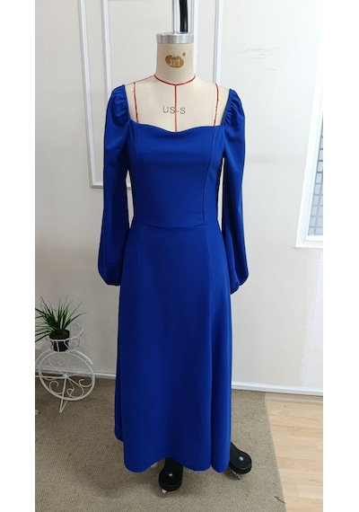 Bhrwear Kadın Uzun Kollu Kalp Yakalı Yırtmaçlı Uzun Ithal Krep Elbise Renkli