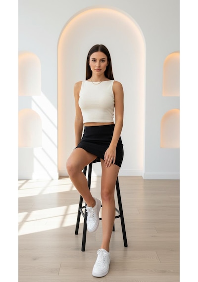 Biye Detaylı Crop Top Ekru