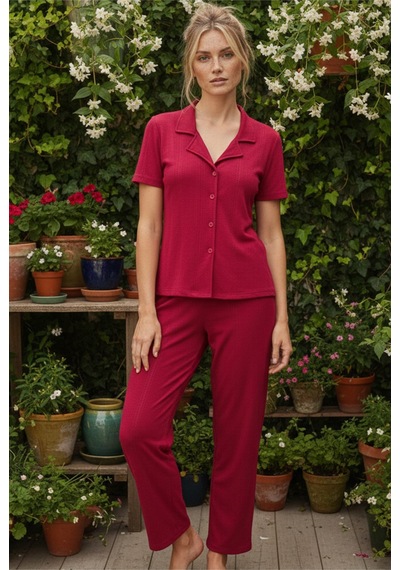 Siyah İnci Pointel Ajurlu/delikli Kısa Kollu Düğmeli Örme Pijama Takım26120536 Vişne