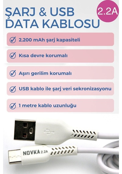 Novka NVK02 Type-C USB 2.2 A 1 M Şarj Kablosu Beyaz