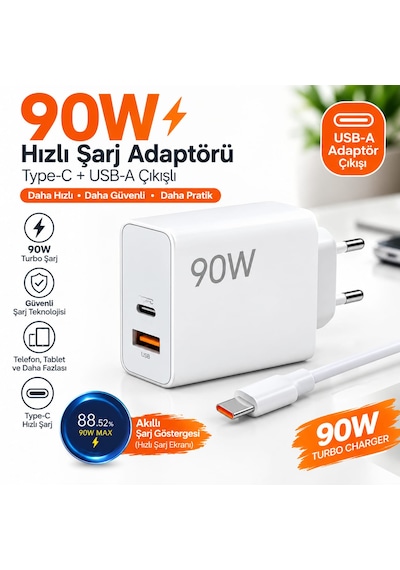 90w Turbo Saniyeli Usb To Typc-e Şarj Aleti 1-Beyaz