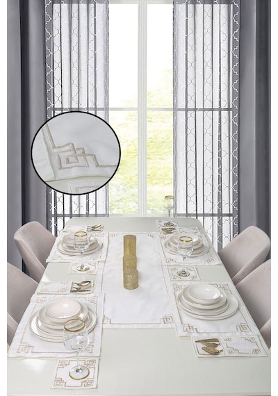 Sarmal Desen Krem Gold 8 Kişilik 25 Parça Nakışlı Linen Keten Amerikan Servis Runner Yemek Takımı Bej