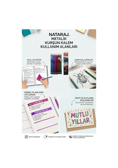 Kurşun Kalem Hb 1 Düzine Kalemtraş Silgi Hediyeli Nataraj Kurşun Kalem Metalik Renk 1 Düzine