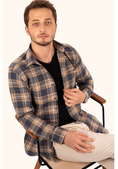 Hardal Lacivert Çizgili Slimfit Oduncu Gömlek Hardal