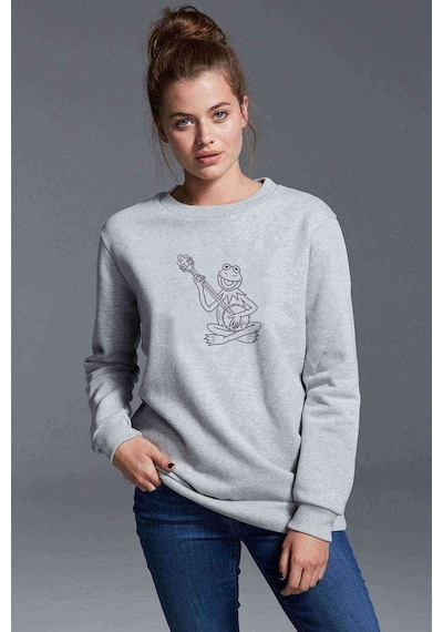 The Frog Gitarlı Kurbağa Kermit Baskılı Gri Kadın Sweatshirt