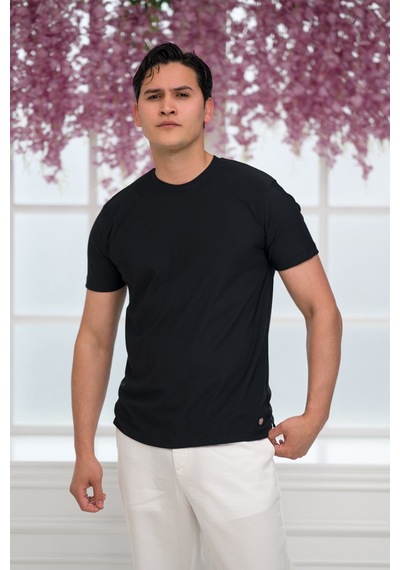 Paul Martin Slimfit Lyocell Kumaş Likralı Küçük Armürlü Bisiklet Yaka T-shirt Siyah