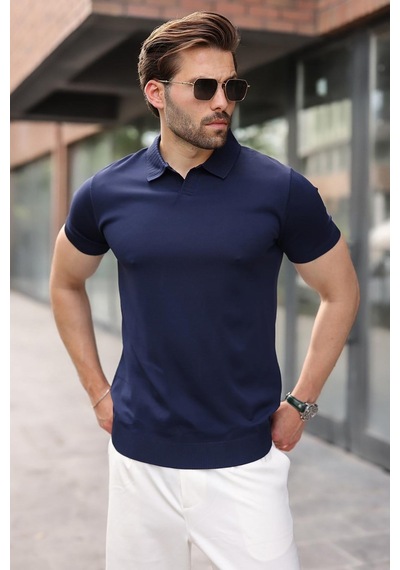 Madmext Lacivert Regular Fit Polo Yaka Triko Erkek Tişört E7502