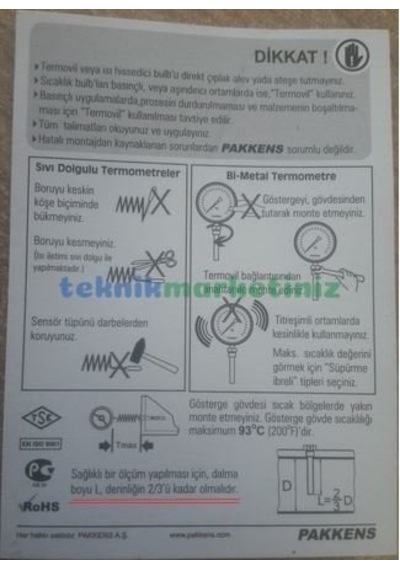 Pakkens 63 MM Fırın. Kazan Termometresi 500 C Derece 10 Cm Dalma Boylu