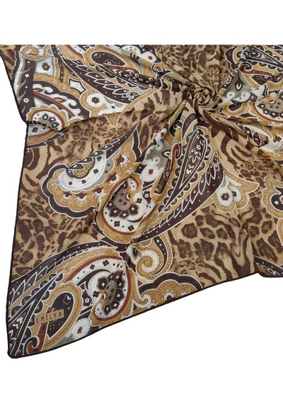 Mim Eşarp Emilya Fres Krep Leopar Desenli Eşarp 90x90 Cm Kahve - Gold