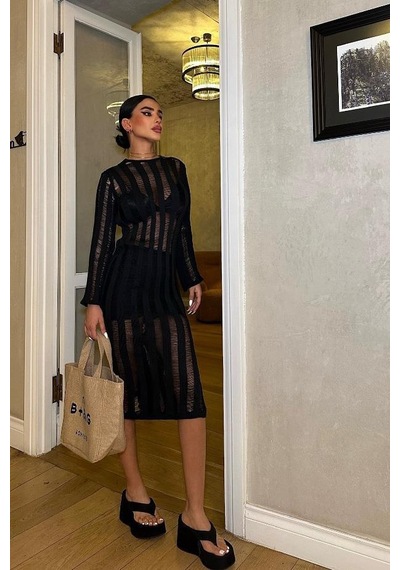 WeShaya Kadın Siyah Pamuk Oversize Kroşe Midi Elbise Siyah WeShaya Kadın Siyah Pamuk Oversize Kroşe Midi Elbise Siyah