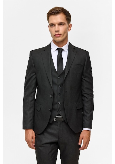 Süvari Siyah Slim Desenli Mono Yaka 6 Drop Yelekli Takım Elbise-38744 Siyah