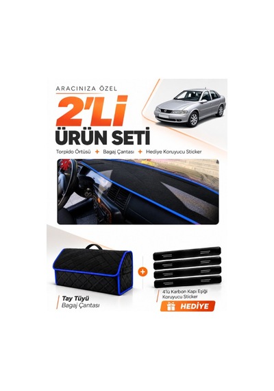 Opel Vectra B 1995-2001 Uyumlu Torpido Örtüsü + Tay Tüyü Bagaj Çantası + Sticker Seti - Siyah Mavi