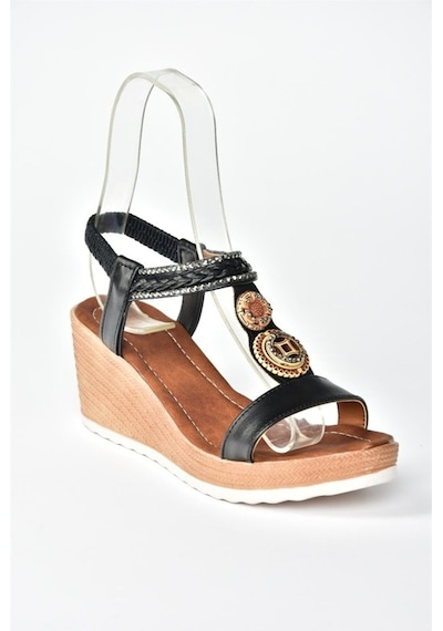 Fox Shoes Siyah Dolgu Topuklu Kadın Sandalet M258313609