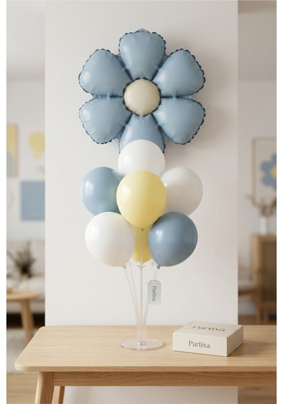 Papatya Mat Mavi Retro Balon Stand Seti Şeffaf 7 Li Stand + Papatya Folyo Balon + 7 Lateks Balon