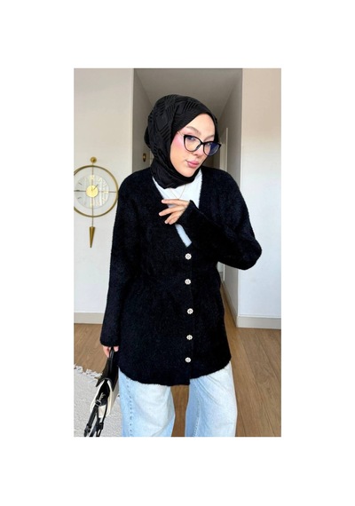 Nes Moda Kadın Düğme Detaylı Bel Büzgülü Angora Tesettür Triko Hırka Kazak Siyah Siyah