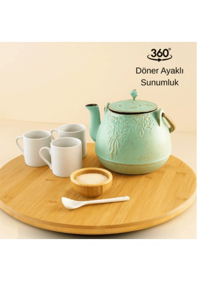 Bambu Dekoratif Yuvarlak Sunum Tabağı, 360 Derece Dönebilen Servis Tabağı, 30 X 30 Cm Ahşap