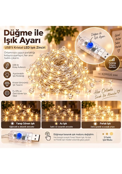 Peri 3x2 Metre Usb'li Kristal Boncuklu Dekoratif Led Işık Zinciri Sıcak Beyaz Perde Ve Oda Süsleme Işığı Diğer