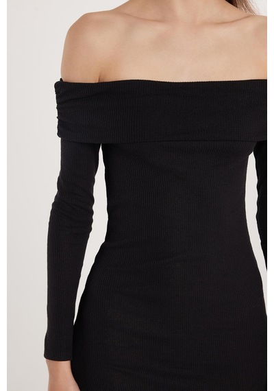 Tudors Kadın Slim Fit Dar Kesim Uzun Kollu Straplez Siyah Elbise-33616 Siyah