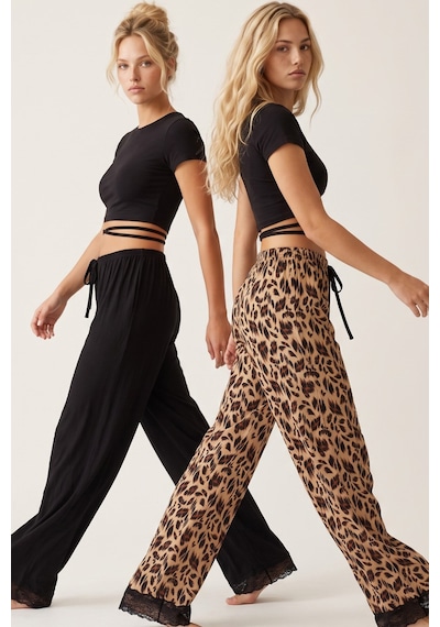 Siyah İnci 2'li Fiyonk Desenli Yumuşak Tuşe Kışlık Örme Tek Alt Pijama Altı 8074 Siyah Leopar