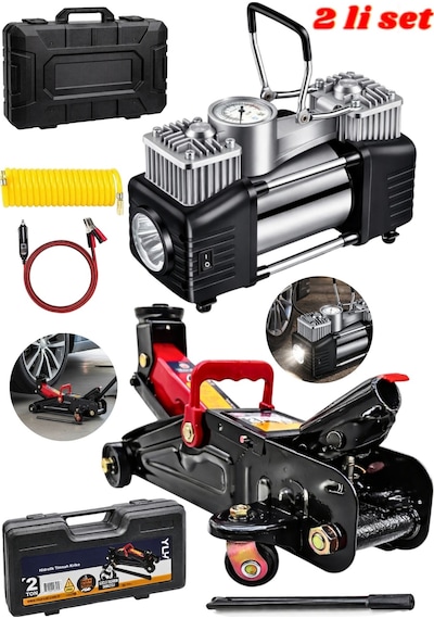 2 Ton Hidrolik Kriko Ve Çift Pistonlu Şişirme Kompresörü 2 Li Set Çanta Hediyeli