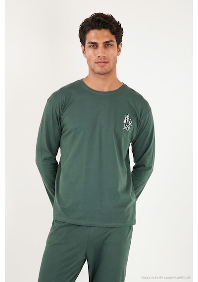 Buratti Minimal Baskılı Pamuklu Uzun Kollu Pijama Takımı Erkek Pijama Takımı 6575005 Yeşil