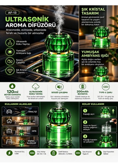 120ml Ultrasonik Aroma Difüzör 200mah Şarjlı Araç İçi Hava Nemlendirici Sessiz Oda Kokusu