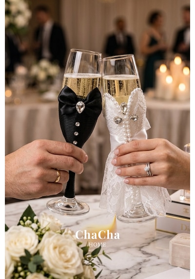 Chacha Home Lüks Düğün Temalı Gelin Damat Kadehi Beyaz - Siyah