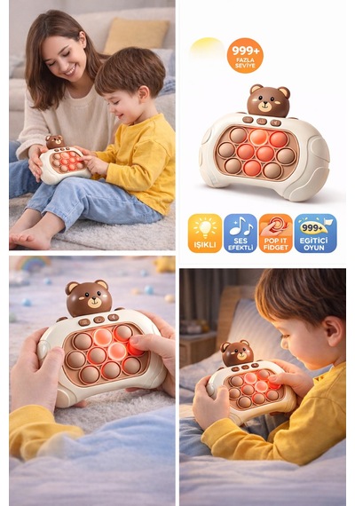 Ayıcıklı Işıklı Ve Sesli Pilli Popit Eğitici Oyuncak Sevimli Push Pop Konsol 4 Farklı Oyun Modu