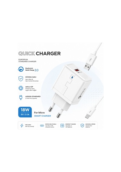 M-09 Smart Charger 18w 5v 3.1a Qualcomm Quick Charge 3.0 Şarj Aleti Usb Girişli Adaptör Mikro Usb Şarj Kablosu