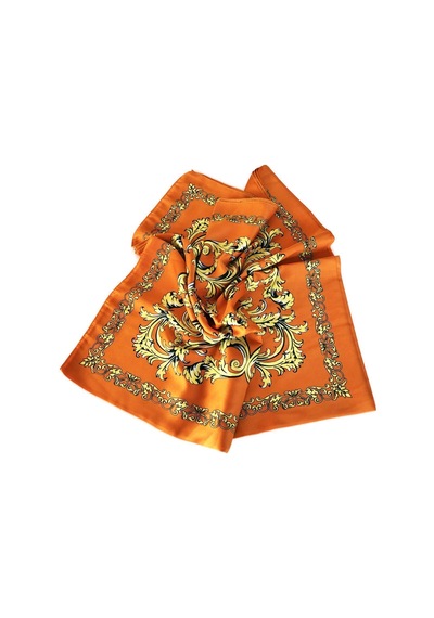 Tikitonki Etnik Çiçek Desenli Turuncu Saten Eşarp - 90x90 Turuncu Turuncu