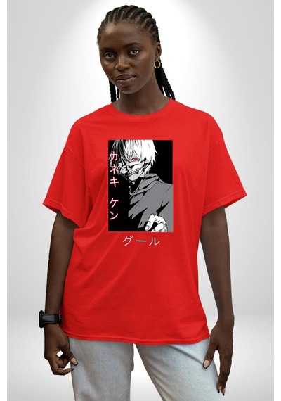 Kaneki Ken Kuma Japon Anime Şeytan Pamuklu Bisiklet Yaka Unisex Oversize Boyfriend Dijital Baskılı Kırmızı T-shirt Kırmızı
