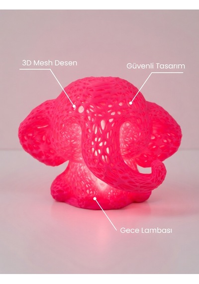 Sevimli Fil Çocuk Odası Gece Lambası 3d Tasarım Led Işıklı Masaüstü Mesh Dekor Hediyelik Pembe