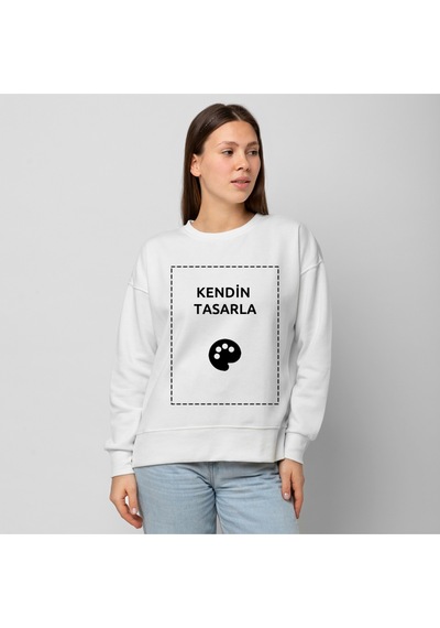 Unisex Beyaz Bisiklet Yaka Sweatshirt Kişiye Özel Baskı Resim Baskılı Kazak Beyaz