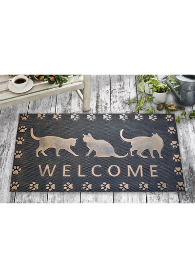 Dekoratif Dış Kapı Paspası Dijital Baskılı, Kaymaz Pvc Plastik Tabanlı, Şık Desenli Kapı Önü Paspası 40x70 Cm Siyah Gümüş