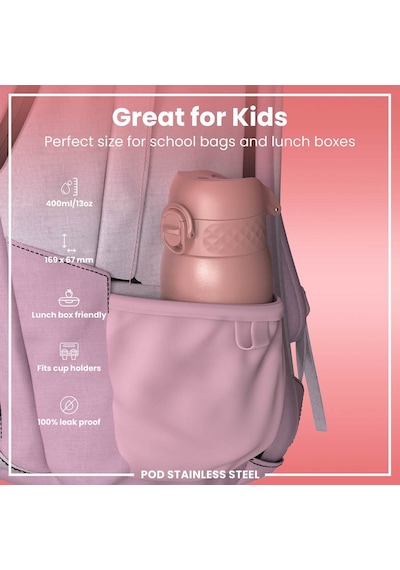 Ion8 - Paslanmaz Çelik Çocuk Suluk - Gül Kurusu - 400 Ml - Sızdırmaz Pembe