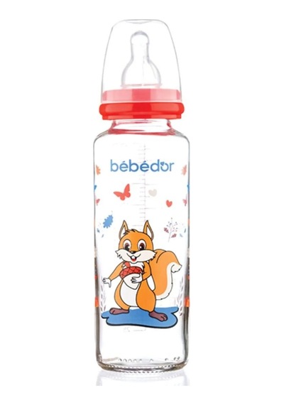 Bebedor Desenli Silikon Emzikli Orta Akış Kırmızı 250 ML Cam Biberon 31302