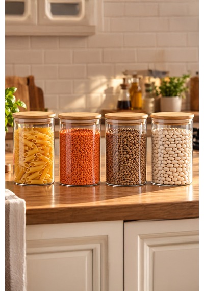 Porsima 2-4 Bambu Borosilikat Vakumlu Kapaklı Yuvarlak Cam 4lü Kavanoz Seti Saklama Kabı 1300ml 10x20cm