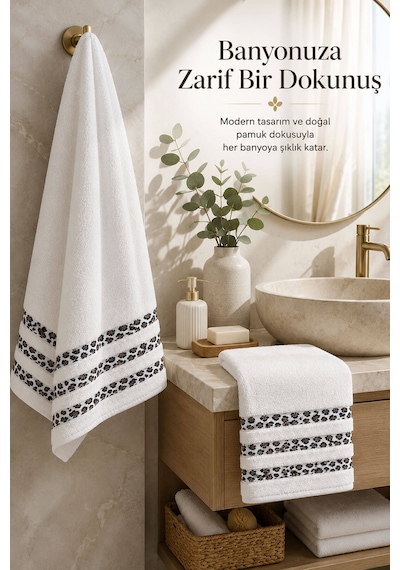 2 Parça Banyo Havlu Seti %100 Pamuk Leopar Deluxe 70x140 Cm + 50x90 Cm Beyaz
