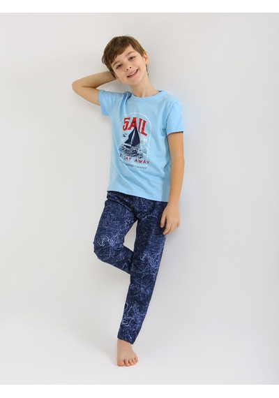 Vitmo Erkek Çocuk Kısa Kollu %100 Pamuklu Pijama Takımı Sail Mavi