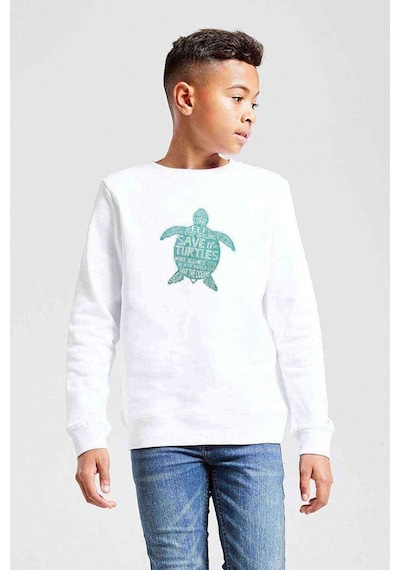 Tshirthane Silhouette Save The Turtles Baskılı Unisex Çocuk Beyaz Sweatshir Beyaz