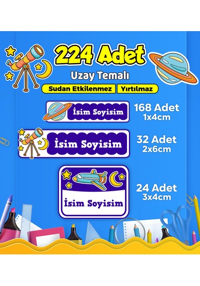 Uzay Temalı Okul Kreş Kişiye Özel İsim Etiket Seti - Model 526 Çok Renkli