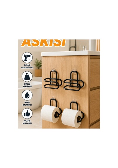 Siyah Yapışkanlı Tuvalet Kağıdı Askısı Metal Duvar Tipi 4 Lü Set Renkli