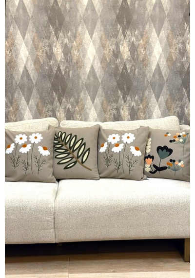 4 Lü Dekoratif Pamuklu Çift Katlı Kırlent Kılıfı Seti Çiçek Papatya Yaprak Modern Boho Etnik Bej Bej