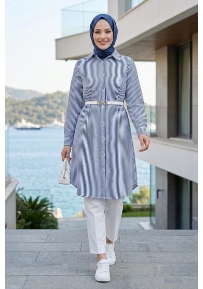 Hb Harma Time Butik Kadın Çizgi Desenli Kemerli Keten Lacivert Gömlek