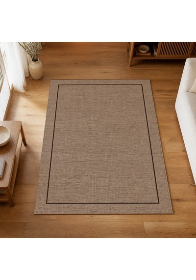 Kartela Halı Sisal Görünümlü Minimal Çerçeveli Halı Kahverengi Kaymaz Taban 120x180 Cm