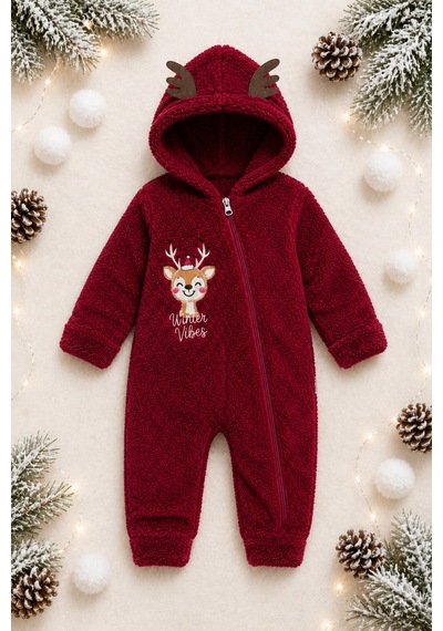 Tatlı Geyik Nakışlı Welsoft Peluş Kapüşonlu Fermuarlı Kışlık Unisex Bebek Tulumu 40212 Bordo