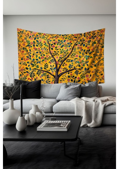 Sarı Çiçekli Ağaç Desenli Duvar Halısı Duvar Örtüsü Tapestry Süet Dokulu Kumaş
