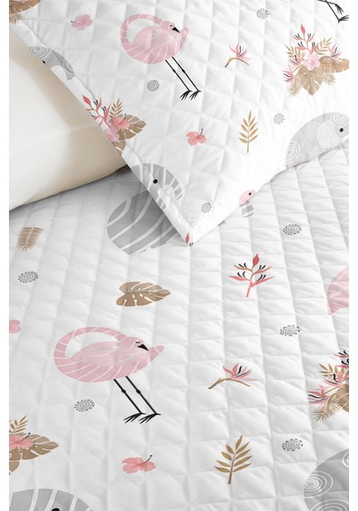 Evimde Bambaşka Pembe Flamingo Safari Kız Çocuk Pike Takımı-pastel Gri Tropikal Bebek Odası Yatak Örtüsü 160x220  CM
