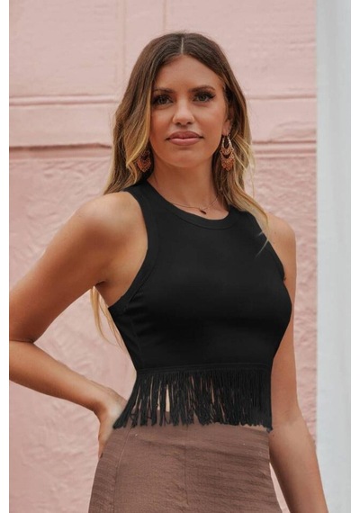 Bella Notte Siyah Saçaklı Viskon Crop Bluz